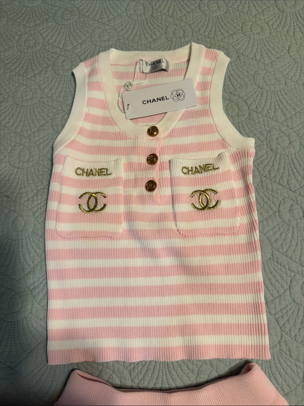 CHANEL Pink and White Striped Knit Tank & Pleated Skirt Set - Picture 2 of 6